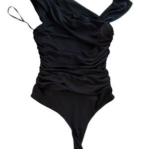 Black ruched one-shoulder bodysuit
